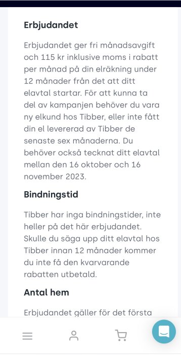 Skärmdump på erbjudande om elavtal, rabatt, och bindningstid på svenska. Erbjudande från Tibber.