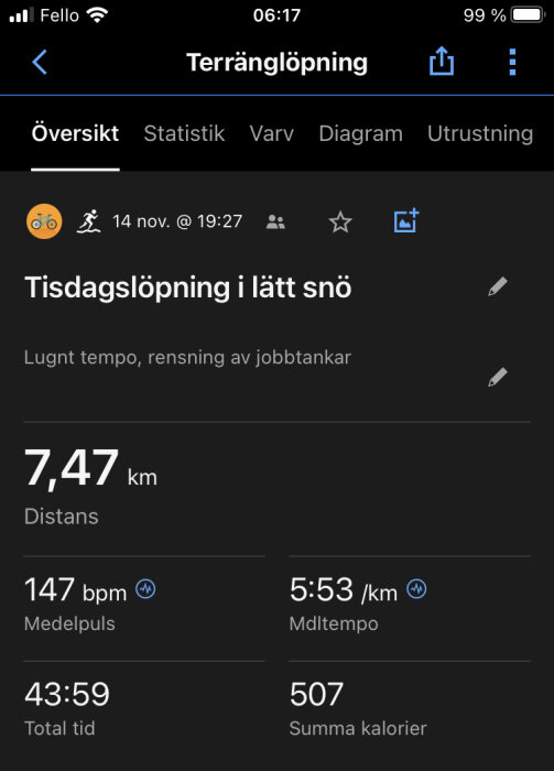 Skärmavbild av löpträningsdata: datum, distans, genomsnittspuls, tempo, tid, förbrända kalorier, lätt snöväder.