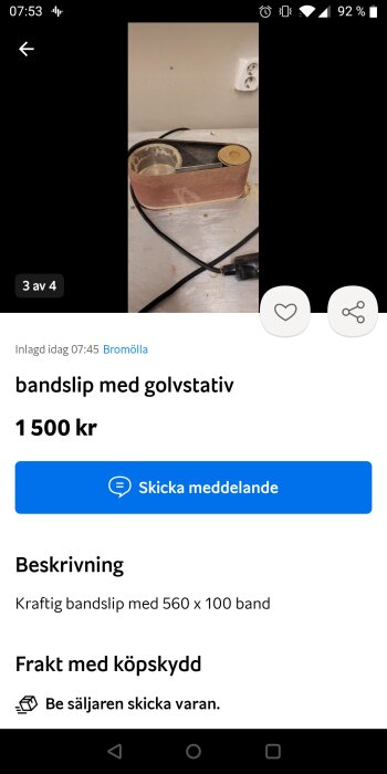 Annonssida, bandslip till salu med golvstativ, pris och kontaktinfo, beskrivning, köpskydd erbjuds.