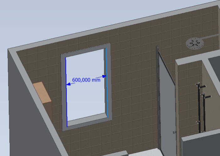 3D-ritning av badrum med spegelmåttmarkering, toalett, dusch och handdukshylla.