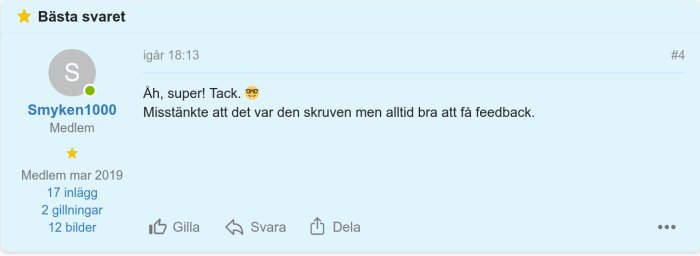 Ett foruminlägg markerat som "Bästa svaret" med en användares tacksamhet och kommentar om feedback.