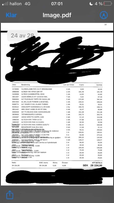 Skärmdump av PDF-faktura med överstrukna delar, visar artikelnummer, beskrivning och priser, total summa 28,154 SEK.