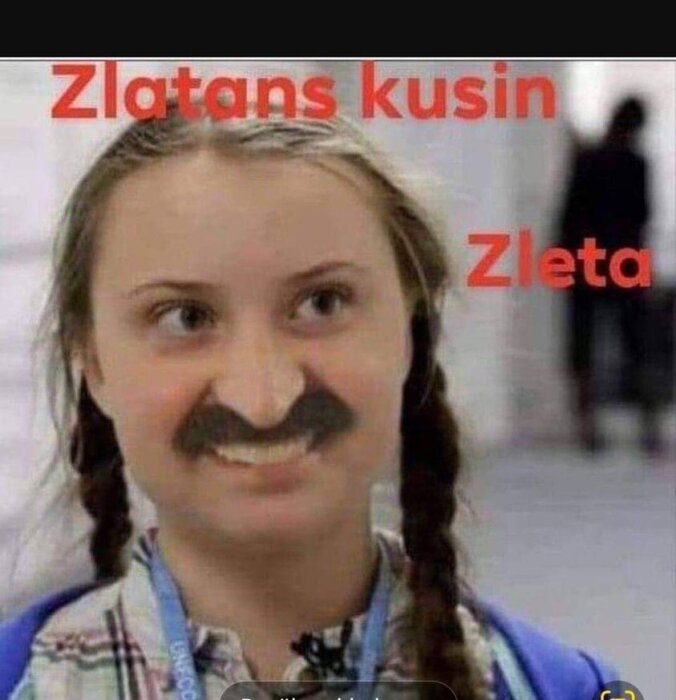 Kvinna med mustasch, flätor, text "Zlatans kusin Zleta," humoristisk redigering.