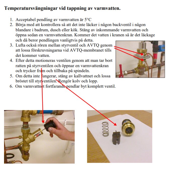 Instruktionsblad för temperaturjustering på värmeväxlare med bilder på rörkopplingar och ventilkomponenter.