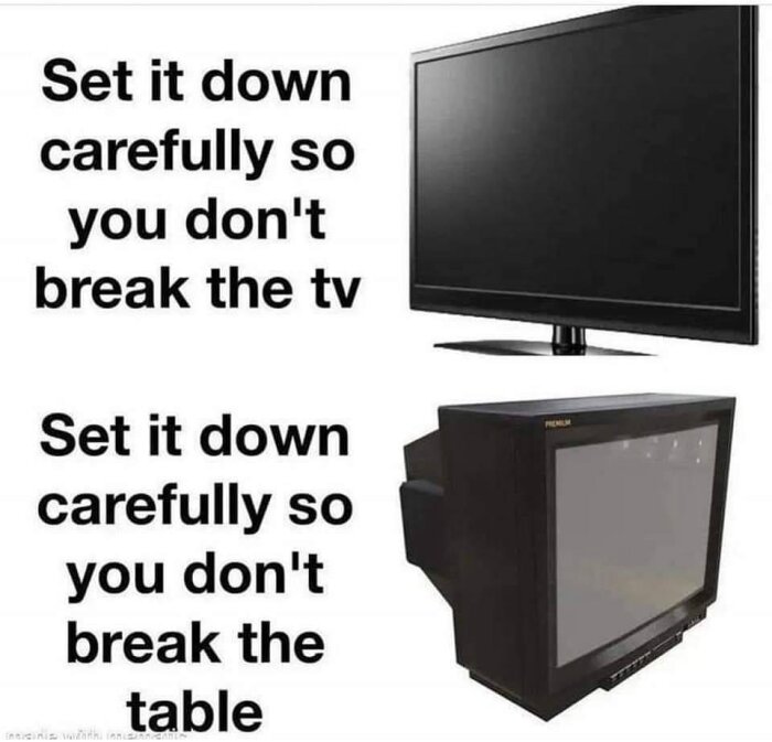 Jämförelse mellan modern platt-TV och gammal tjock-TV, humor om vikt och brytpunkter.