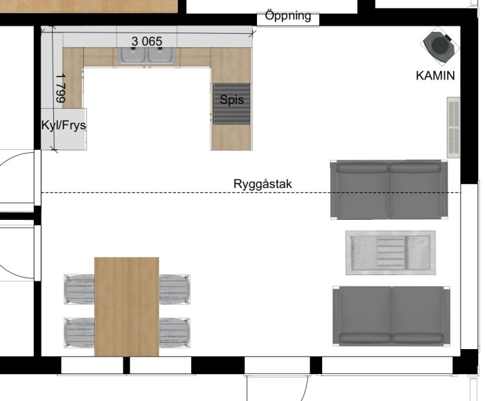 Planritning av ett vardagsrum med kök, möbler inkluderar soffa, bord, och spis. Kaminen indikerar öppen planlösning.