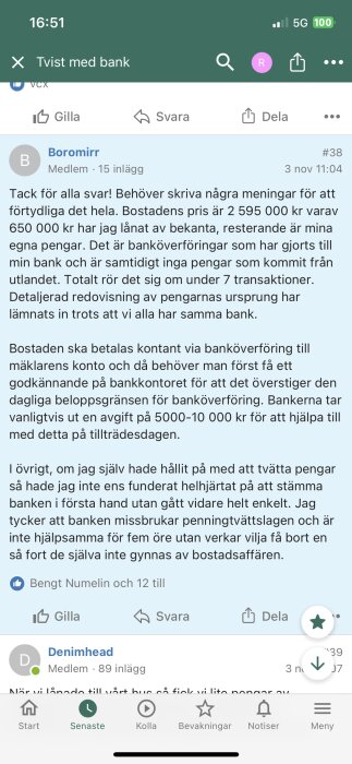 Skärmdump från ett forum där en användare diskuterar problem med banköverföringar relaterade till ett bostadsköp.