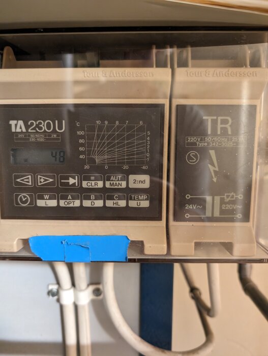 Reglersystem från Tour & Andersson med display, knappar och temperaturgrafik; tejpbit och ledningar synliga.