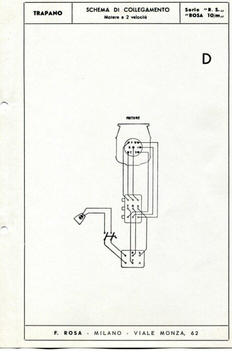 Teknisk ritning av en borr, elektrisk kopplingsschema, två hastigheter, italiensk text, minimalistisk stil, vintage.