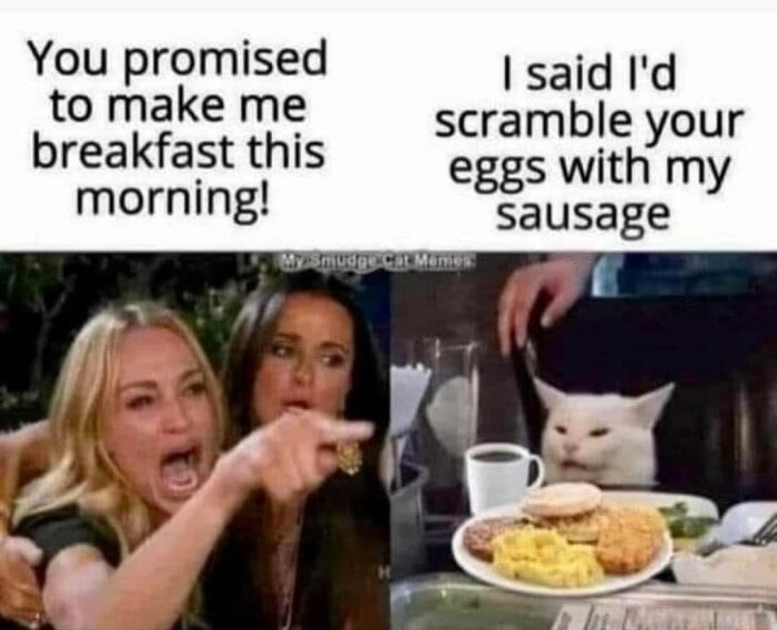 Meme med arg kvinna, lugn katt, ordvits om frukost och korv.