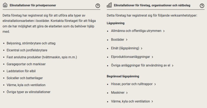 Lista över tjänster för elinstallation för privatpersoner och företag på svenska.