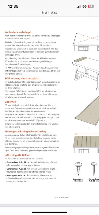 Instruktionshandledning för takmontering med text och illustrationer för förberedelse och infästning av takmaterial.