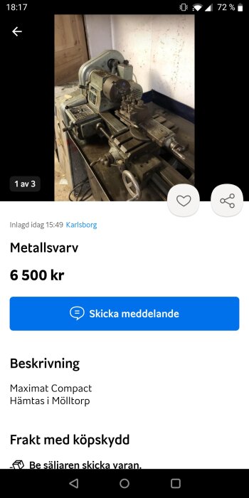 Metallsvarv till salu för 6 500 kronor, Maximat Compact, ligger i Mölltorp, bilden visar verktyget i en verkstad.