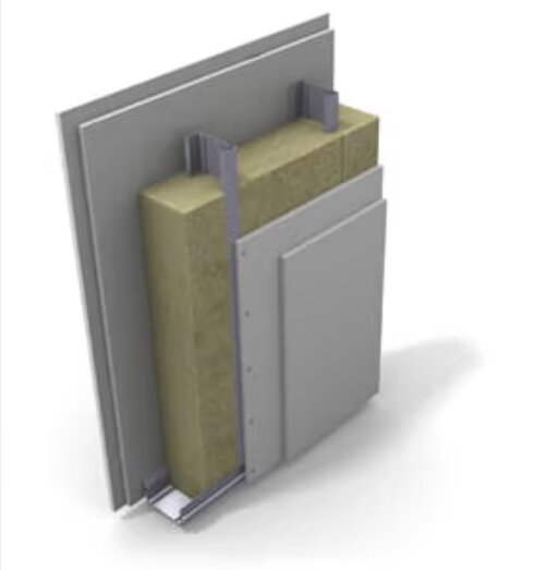 3D-modell av väggsektion med isolering och gips. Konstruktionsdetaljillustration.