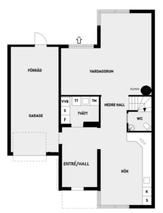 Svartvitt ritningsplan för hus. Märkta rum inkluderar vardagsrum, kök, garage, tvätt, förråd och entré/hall.