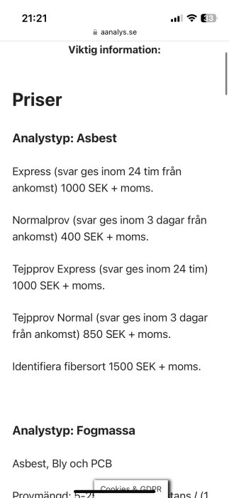 Skärmdump av webbsida som listar priser för asbestanalys och identifiering av fibersorter.