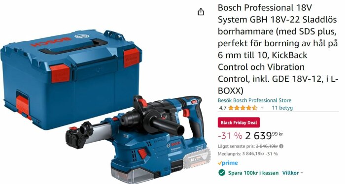 En blå Bosch Professional 18V sladdlös borrhammare och L-BOXX. Black Friday-erbjudande visas. Verktygset med omdömen.