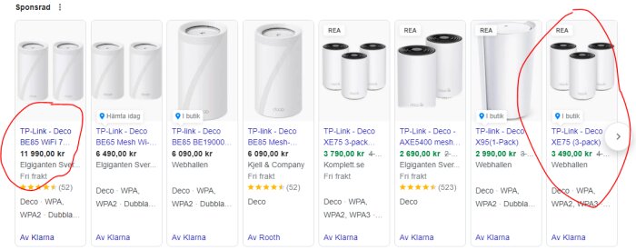 Annonser för olika TP-Link Deco mesh Wi-Fi-system, priser, rea-markeringar, betyg.