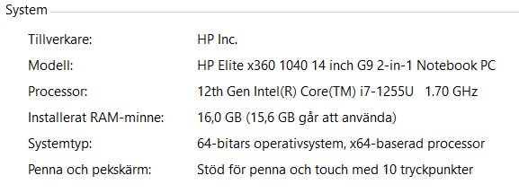 Bilden visar specifikationer för HP-dator: Elite x360, 12:e gen Core i7, 16GB RAM, pekskärm, pennstöd.