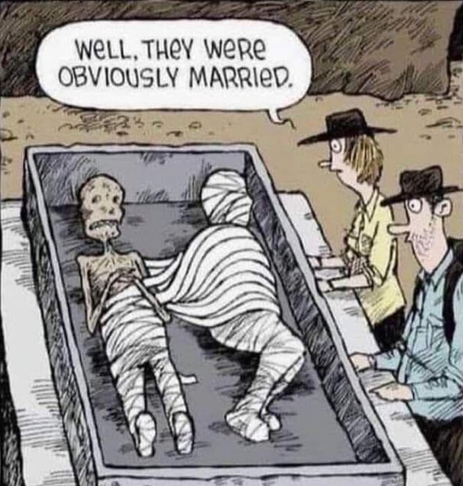 Tecknad bild: två mumifierade skelett i kista, en person kommenterar "de var klart gifta". Humoristisk ton.