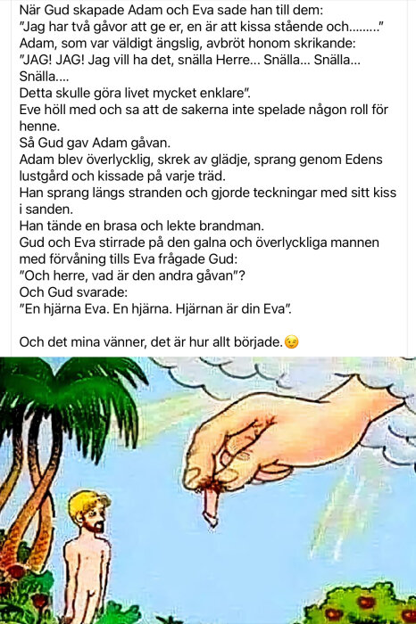 Tecknad Adam i Edens lustgård; humoristisk text om gåvor från Gud.
