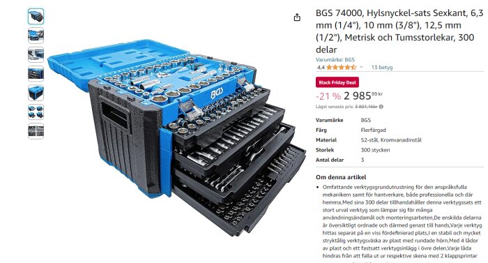 300-delars nyckelsats i låda; Black Friday-rabatt; skiftnycklar, hylsor och bits.