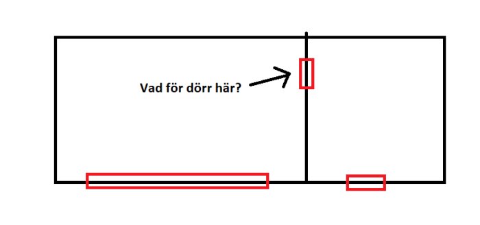 Enkelritning av rum med öppen skjutdörr, tröskel, frågetext på svenska.