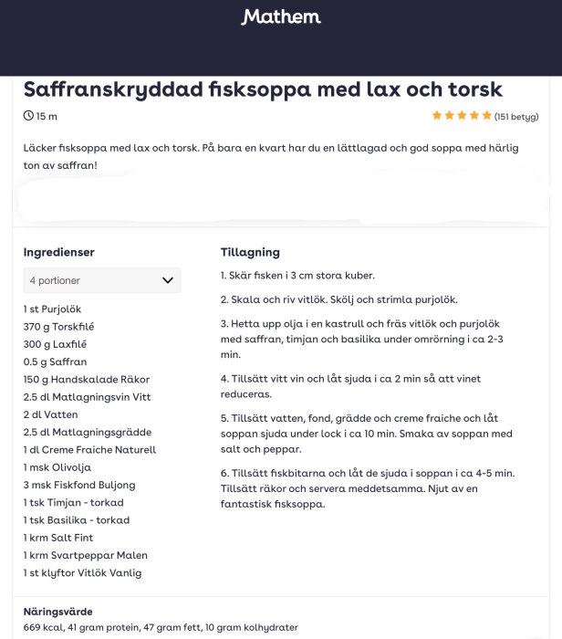 Recept på saffranskryddad fisksoppa med lax och torsk, ingredienser och tillagningsinstruktioner, betygsatt 4.5 stjärnor.