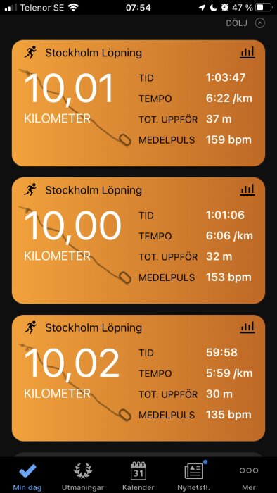 Skärmdump av löparapp visar tre löppass i Stockholm med distans, tid, tempo, höjdmeter och puls.