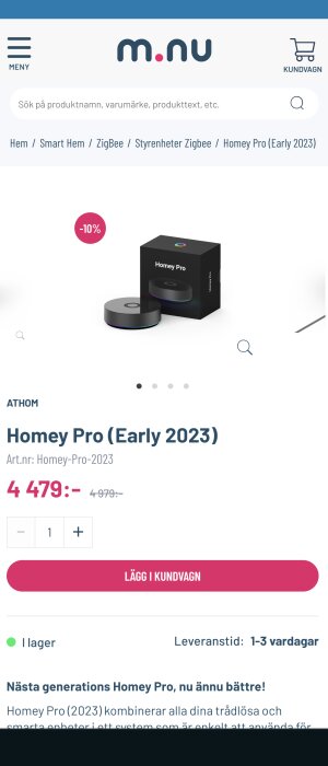 Produktbild på Homey Pro smart enhet, rabatterad pris, informativ text, köpknapp, modern webbshopdesign.