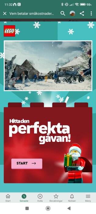 Mobilsida för LEGO, julspecial, tecknad jultomte med gåva, reklamkampanj, menyknappar, snöflingor, startknapp.