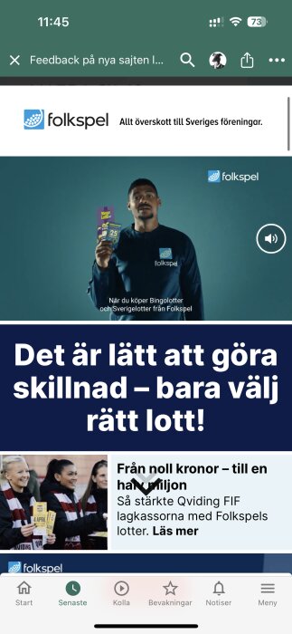 Skärmavbild av en mobil med reklam för Folkspelets Bingolotter, text budskap om att stödja föreningar och spelets enkelhet.