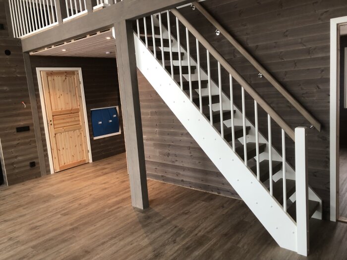Modernt inredd trappa inuti hus, träpaneler, loft, golv i trästil, vit räcke, dörr.