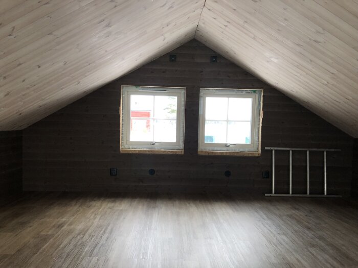 Ett tomt vindsrum med träklädda väggar, snedtak, två fönster och mörkt golv.
