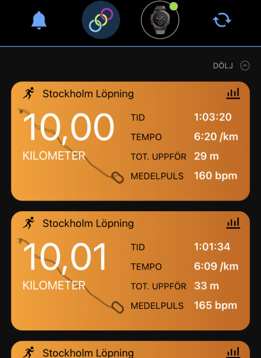 Skärmdump av löparapp, visar två 10 km löpprestationer i Stockholm med tid, tempo, höjdförändring och puls.
