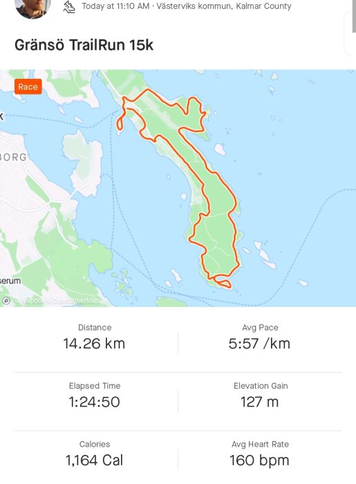 Kartbild över Gränsö TrailRun 15k, löptid 1:24:50, distans 14,26 km, snittfart 5:57 min/km, höjdmeter och kaloriförbrukning.