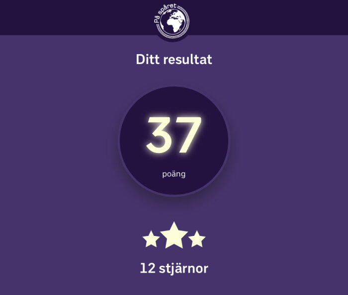 Skärmavbild av spelresultat: "37 poäng" och "12 stjärnor" med lila bakgrund och vit text.