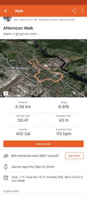 Skärmdump av promenadaktivitet: 5.59km, Borlänge, kallt väder, Garmin enhet, aktivitetsdata och väderinformation.