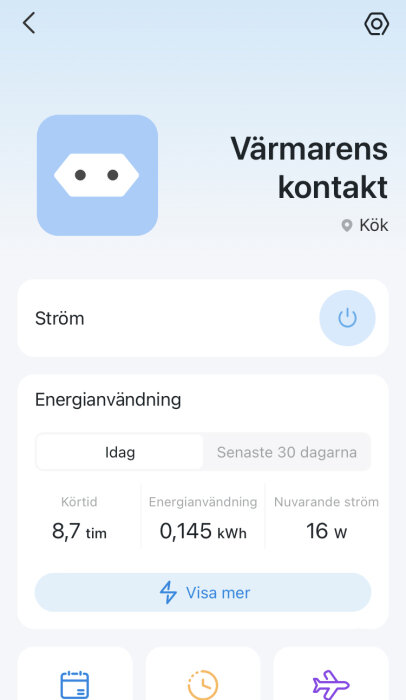 Appskärmbild visar energianvändning i köket, körtid och aktuell strömförbrukning i watt och kilowattimmar.