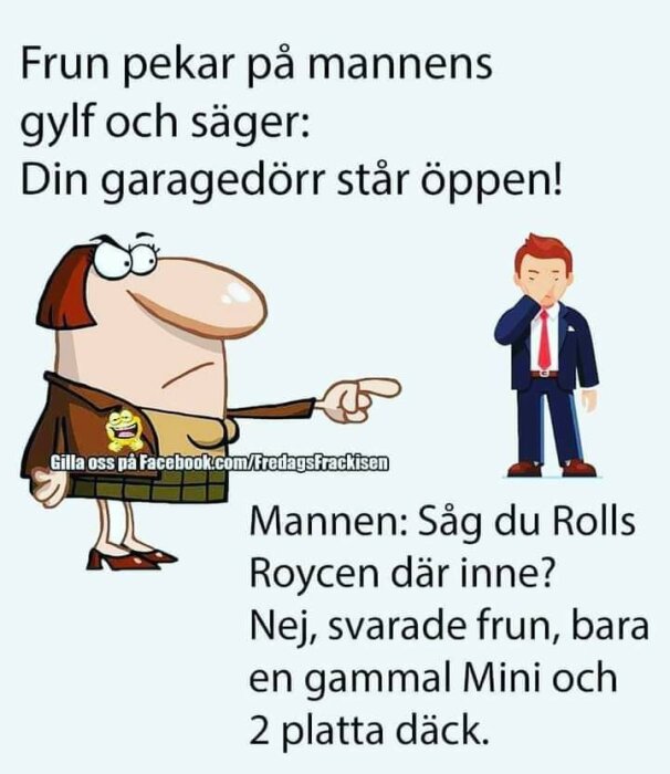 Tecknade figurer, humoristisk bildtext om missförstånd kring "garagedörr" och "gylf".