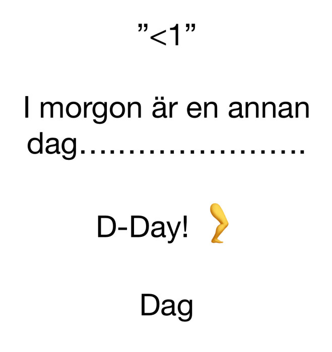 Vit bakgrund, text "I morgon är en annan dag", "D-Day!", bönemotiv och ordet "Dag".