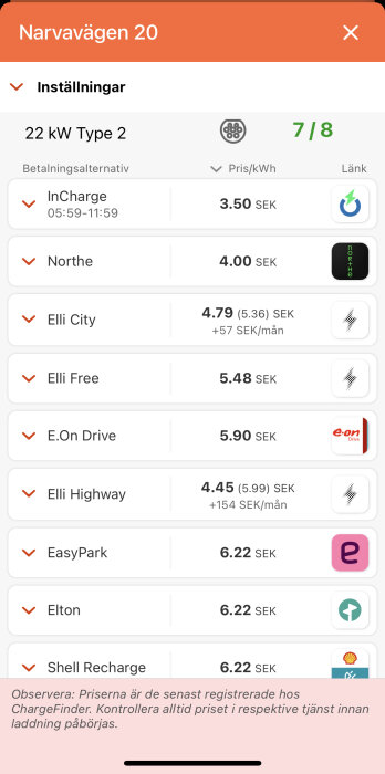 Appskärm visar elbilsladdningsalternativ med priser och tillgänglighet vid Narvavägen.