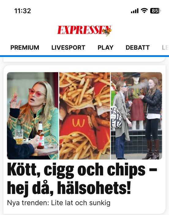 Nyhetssidans skärmdump med rubrik om hälsotrender, bilder på mat, person som röker, samtalande kvinnor.