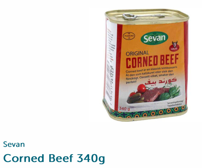 En konserverad Sevan Corned Beef 340g med Halal-märkning och etniskt dekorerat mönster längs kantern.