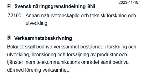 Svensk text om naturvetenskaplig och teknisk forsknings- och utvecklingsföretag, verksamhetsbeskrivning inom telekommunikation.