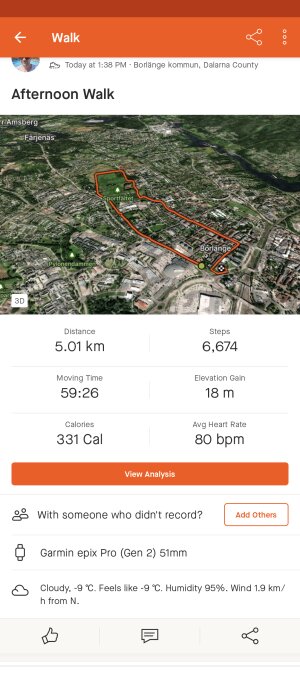 Skärmavbild av träningsapp som visar 5 kilometers promenad med rutt i Borlänge, kallt väder, kaloriförbrukning och hjärtfrekvens.