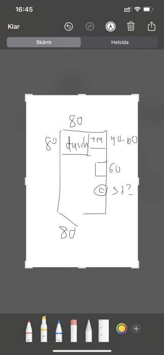 Skiss i en ritapp med mått och symboler, troligen planlösning eller designidé, på en mobilskärm.