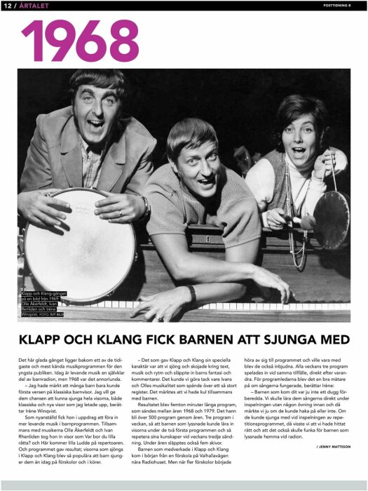 Tre personer sjunger och spelar instrument, svartvit bild, text om "Klapp och Klang" från 1968.