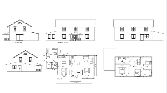 Arkitektritningar av ett hus, inkluderar fasader och planlösningar, etiketterade på svenska.