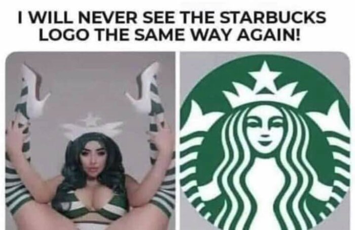 Meme med person poserande som Starbucks-loggan med text som uttrycker förändrad uppfattning om loggan.